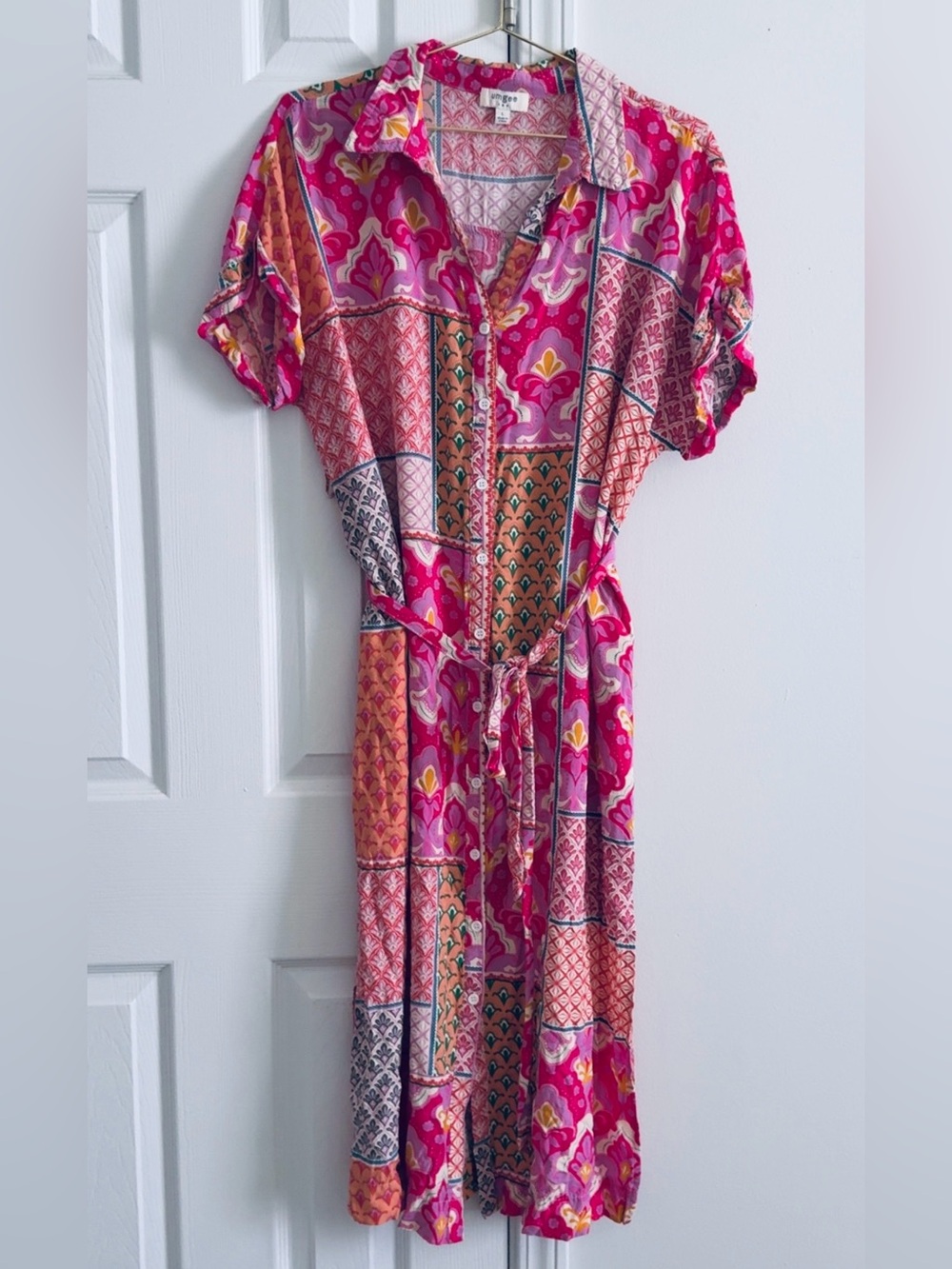 Umgee Pink Orange Patterned Midi Shirt Dress